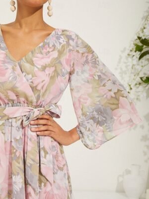 Elegant Regular Fit Floral V Neck Long Sleeve Maxi Chiffon Dress - Image 8