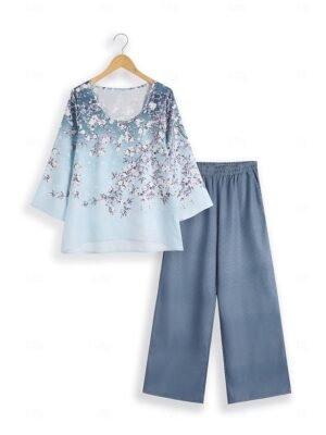 Elegant Regular Fit Floral V Neck Long Sleeve Two Piece Shirt and Wide Leg Trousers Set - Image 8
