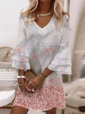 Elegant Regular Fit Floral V Neck Ruffle Sleeve Mini Dress - Image 1