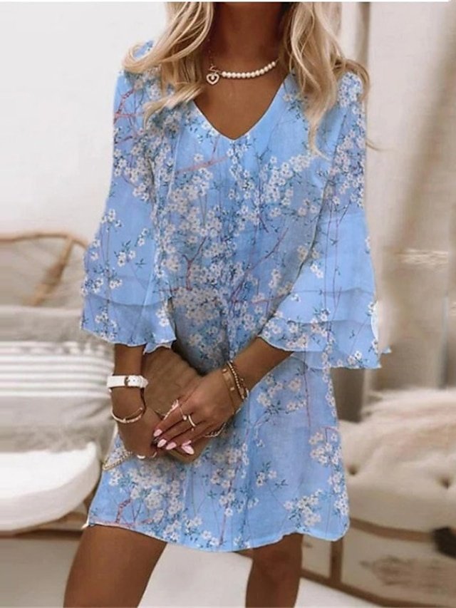 Elegant Regular Fit Floral V Neck Ruffle Sleeve Mini Dress - Image 2