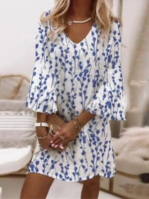 Elegant Regular Fit Floral V Neck Ruffle Sleeve Mini Dress - Image 3