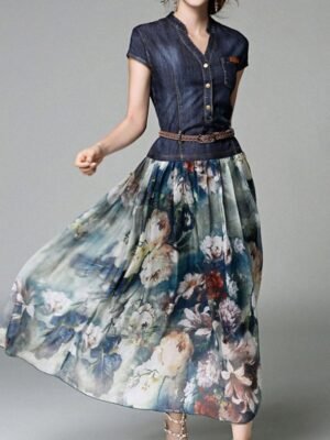 Elegant Regular Fit Floral V Neck Short Sleeve Maxi Denim Dress - Image 1