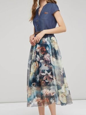 Elegant Regular Fit Floral V Neck Short Sleeve Maxi Denim Dress - Image 2