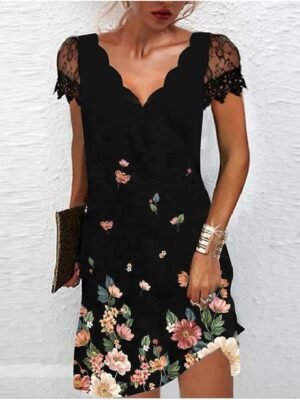 Elegant Regular Fit Floral V Neck Short Sleeve Midi Dress - Image 2