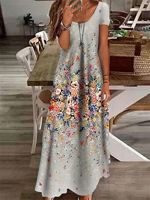 Elegant Regular Fit Floral V Neck Short Sleeve Maxi Dress - Image 2