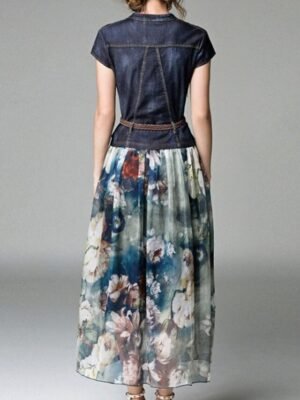 Elegant Regular Fit Floral V Neck Short Sleeve Maxi Denim Dress - Image 3