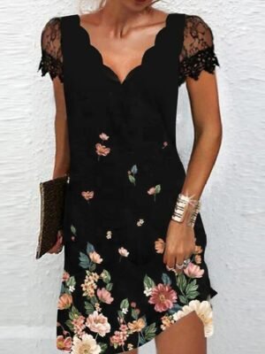 Elegant Regular Fit Floral V Neck Short Sleeve Midi Dress - Image 3