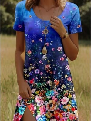 Elegant Regular Fit Floral V Neck Short Sleeve Mini Dress - Image 3