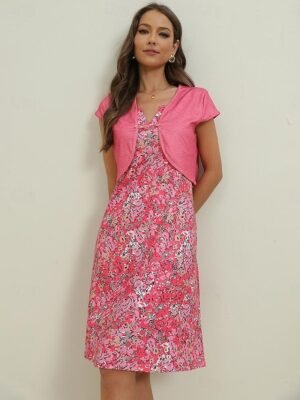 Elegant Regular Fit Floral V Neck Short Sleeve Knee Length Dress Set - Image 4