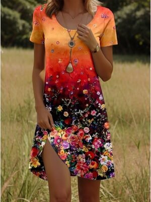 Elegant Regular Fit Floral V Neck Short Sleeve Mini Dress - Image 4