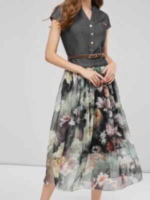 Elegant Regular Fit Floral V Neck Short Sleeve Maxi Denim Dress - Image 5