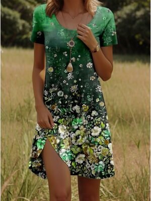Elegant Regular Fit Floral V Neck Short Sleeve Mini Dress - Image 5