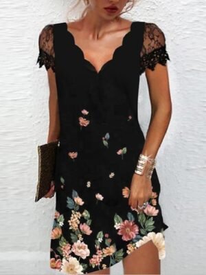 Elegant Regular Fit Floral V Neck Short Sleeve Midi Dress - Image 5