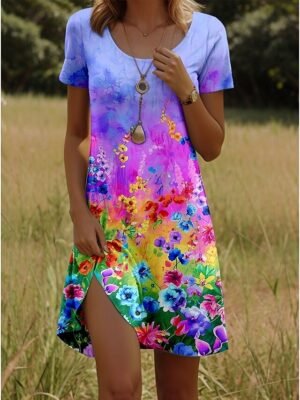 Elegant Regular Fit Floral V Neck Short Sleeve Mini Dress - Image 6