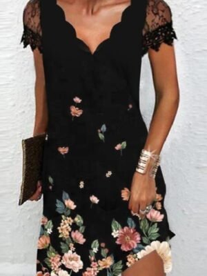 Elegant Regular Fit Floral V Neck Short Sleeve Midi Dress - Image 6