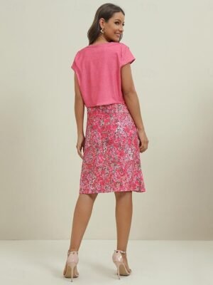Elegant Regular Fit Floral V Neck Short Sleeve Knee Length Dress Set - Image 8