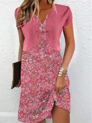 Elegant Regular Fit Floral V Neck Short Sleeve Knee Length Dress Set - Image 9