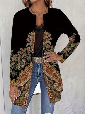 Elegant Regular Fit Geometric Crewneck Long Sleeve Long Jacket - Image 10