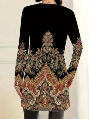Elegant Regular Fit Geometric Crewneck Long Sleeve Long Jacket - Image 12