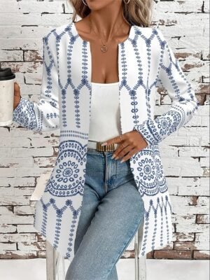 Elegant Regular Fit Geometric Crewneck Long Sleeve Long Jacket - Image 13