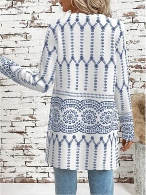 Elegant Regular Fit Geometric Crewneck Long Sleeve Long Jacket - Image 14