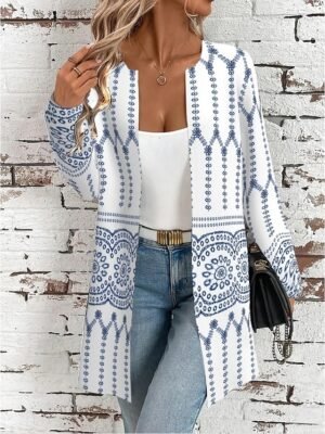 Elegant Regular Fit Geometric Crewneck Long Sleeve Long Jacket - Image 15
