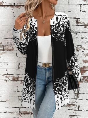 Elegant Regular Fit Geometric Crewneck Long Sleeve Long Jacket - Image 17