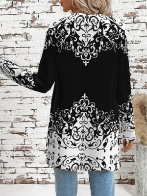 Elegant Regular Fit Geometric Crewneck Long Sleeve Long Jacket - Image 18