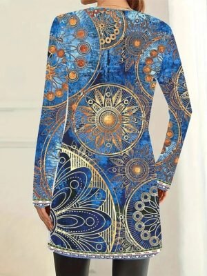 Elegant Regular Fit Geometric Crewneck Long Sleeve Long Jacket - Image 2