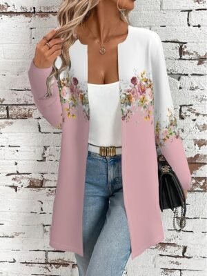 Elegant Regular Fit Geometric Crewneck Long Sleeve Long Jacket - Image 22