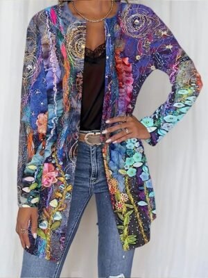 Elegant Regular Fit Geometric Crewneck Long Sleeve Long Jacket - Image 4