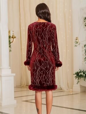 Elegant Regular Fit Geometric Glitter Faux Fur Trim Long Sleeve Winter Party Dress - Image 8