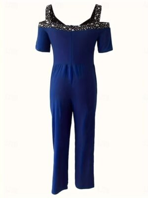 Elegant Regular Fit Geometric V Neck Short Sleeve Wide Leg Jumpsuit - Image 10