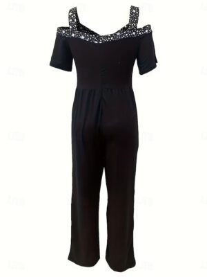 Elegant Regular Fit Geometric V Neck Short Sleeve Wide Leg Jumpsuit - Image 3
