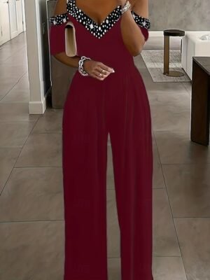 Elegant Regular Fit Geometric V Neck Short Sleeve Wide Leg Jumpsuit - Image 5