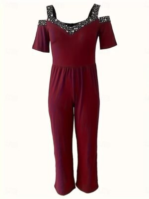 Elegant Regular Fit Geometric V Neck Short Sleeve Wide Leg Jumpsuit - Image 6