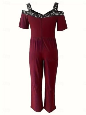 Elegant Regular Fit Geometric V Neck Short Sleeve Wide Leg Jumpsuit - Image 7