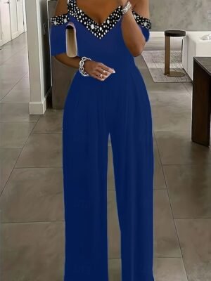 Elegant Regular Fit Geometric V Neck Short Sleeve Wide Leg Jumpsuit - Image 8