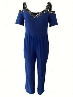 Elegant Regular Fit Geometric V Neck Short Sleeve Wide Leg Jumpsuit - Image 9