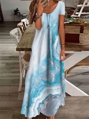 Elegant Regular Fit Gradient Marble V Neck Short Sleeve Maxi Dress - Image 1