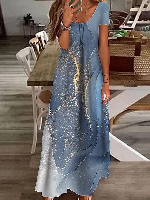 Elegant Regular Fit Gradient Marble V Neck Short Sleeve Maxi Dress - Image 2