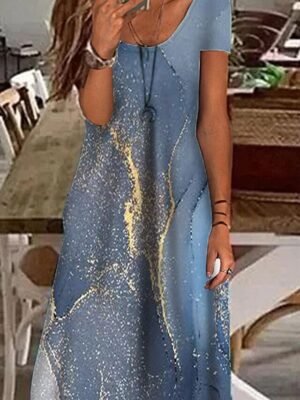 Elegant Regular Fit Gradient Marble V Neck Short Sleeve Maxi Dress - Image 3