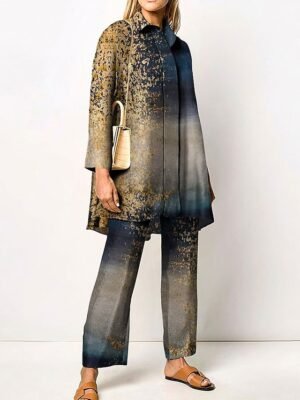 Elegant Regular Fit Graphic Print Shirt Collar Long Sleeve Two Piece Set - Image 2