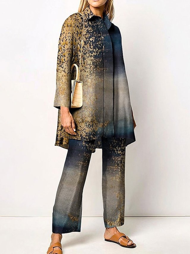 Elegant Regular Fit Graphic Print Shirt Collar Long Sleeve Two Piece Set - Image 2