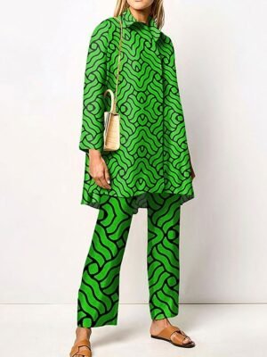 Elegant Regular Fit Graphic Print Shirt Collar Long Sleeve Two Piece Set - Image 3