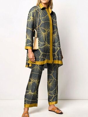 Elegant Regular Fit Graphic Print Shirt Collar Long Sleeve Two Piece Set - Image 4