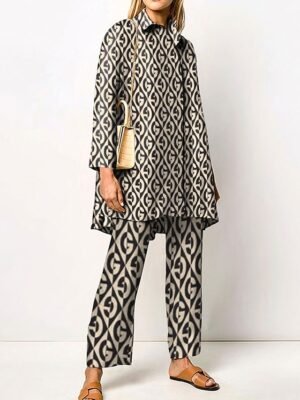Elegant Regular Fit Graphic Print Shirt Collar Long Sleeve Two Piece Set - Image 5