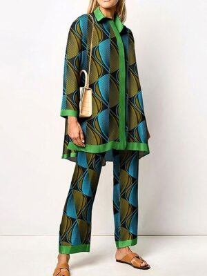 Elegant Regular Fit Graphic Print Shirt Collar Long Sleeve Two Piece Set - Image 6