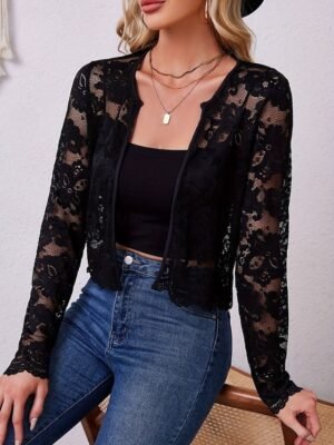 Elegant Regular Fit Lace Patchwork Crewneck Long Sleeve Jacket - Image 10