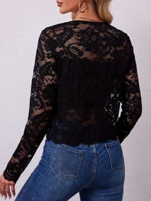 Elegant Regular Fit Lace Patchwork Crewneck Long Sleeve Jacket - Image 12